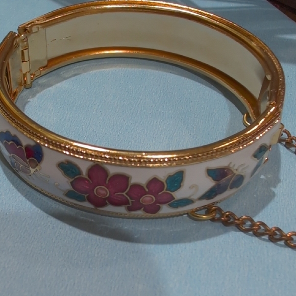 Vintage Cloisonne Floral Enamel Bangle Bracelet And Earrings - Picture 2 of 7
